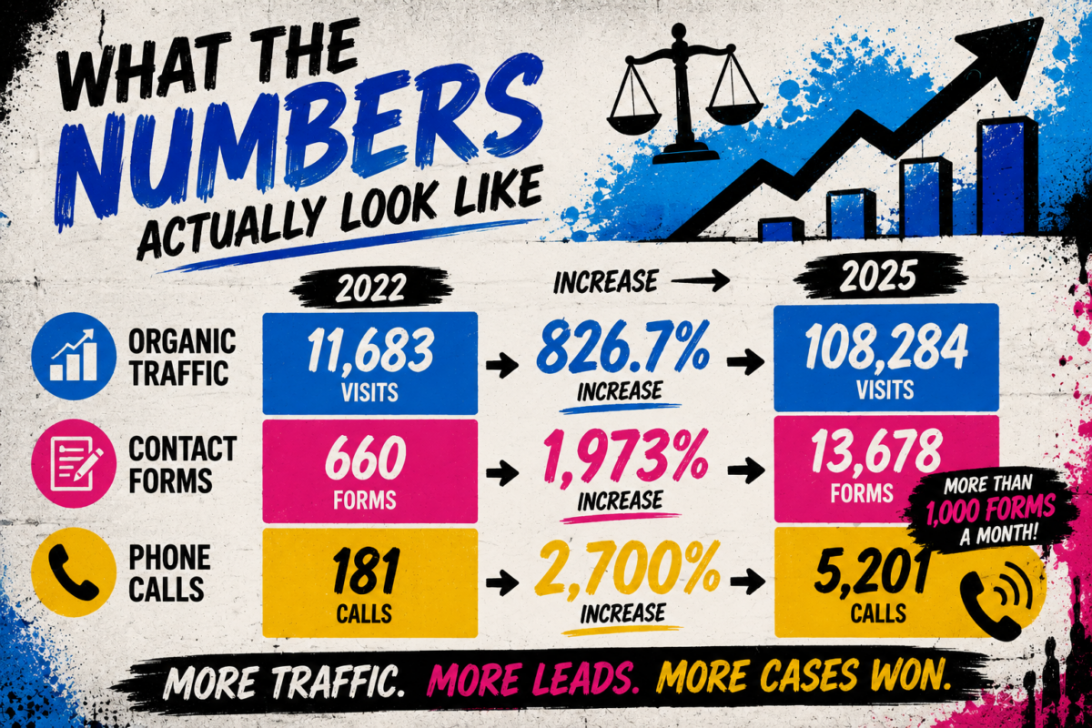 Infographic comparing 2022 to 2025 metrics: visits, forms, and calls rise with percentages shown for each row.