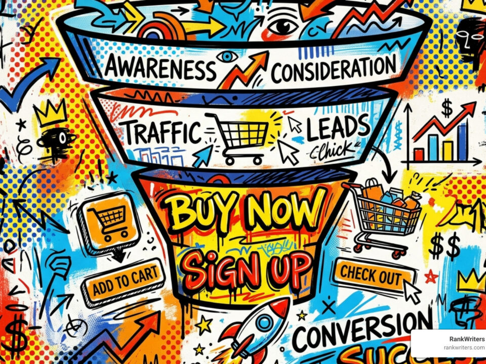 Colorful cartoon infographic of a sales funnel with stages Awareness, Consideration, Traffic, Leads, Buy Now, Sign Up, Checkout and Conversion.