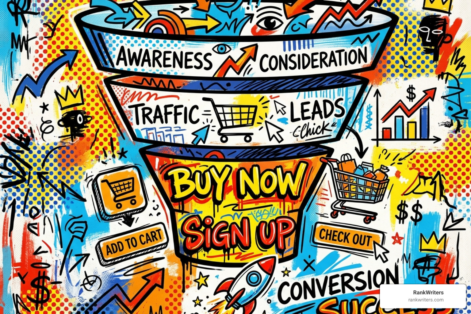 an-essential-guide-to-bofu-keywords-image ‣ RankWriters Colorful cartoon infographic of a sales funnel with stages Awareness, Consideration, Traffic, Leads, Buy Now, Sign Up, Checkout and Conversion.