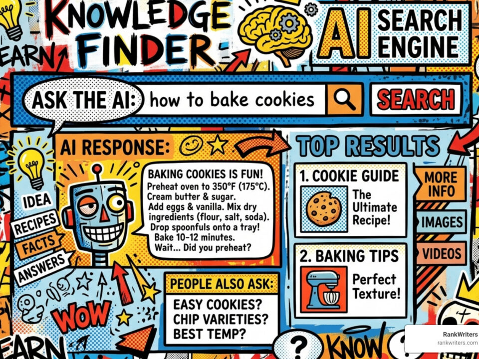 An AI based search engine interface in a bold pop art illustration inspired by Jean-Michel Basquiat and Roy Lichtenstein