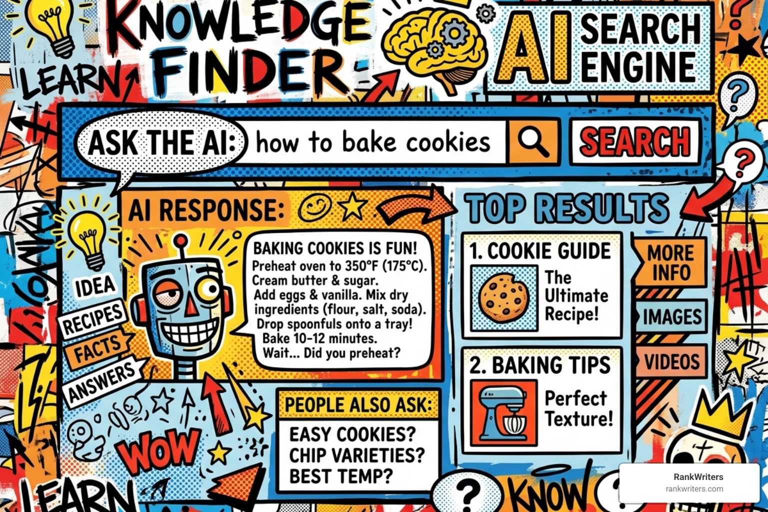 An AI based search engine interface in a bold pop art illustration inspired by Jean-Michel Basquiat and Roy Lichtenstein