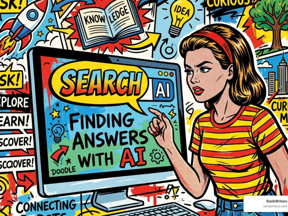 Pop-art illustration of a woman in a striped shirt pointing at a computer screen that reads 'SEARCH AI' and 'FINDING ANSWERS WITH AI'.