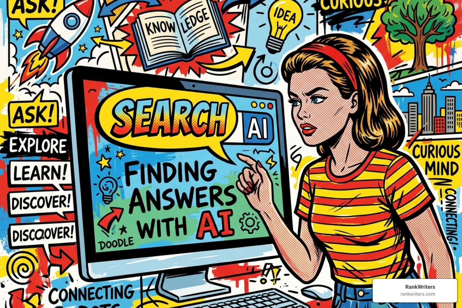 Pop-art illustration of a woman in a striped shirt pointing at a computer screen that reads 'SEARCH AI' and 'FINDING ANSWERS WITH AI'.
