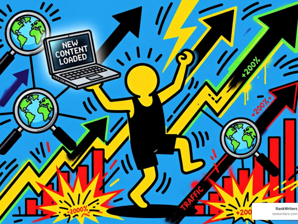 Cartoon figure leaps along a rising chart with multiple up arrows, a laptop reading 'New Content Loaded', and magnifying-glass icons over globes to illustrate rapid growth.