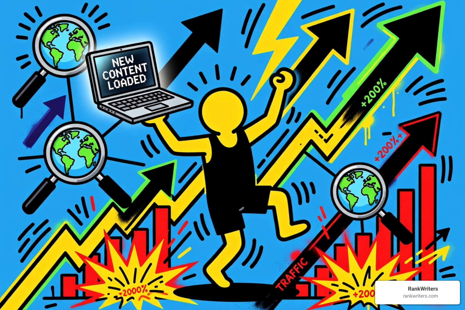 Cartoon figure leaps along a rising chart with multiple up arrows, a laptop reading 'New Content Loaded', and magnifying-glass icons over globes to illustrate rapid growth.