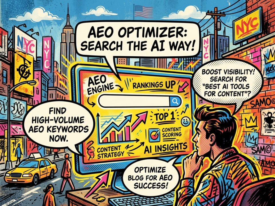 is-answer-engine-optimization-the-future-of-seo-image ‣ RankWriters Comic-style urban ad promoting an AEO optimizer tool; a large computer screen shows rankings, charts, and AI insights with speech bubbles about keywords and blog optimization.