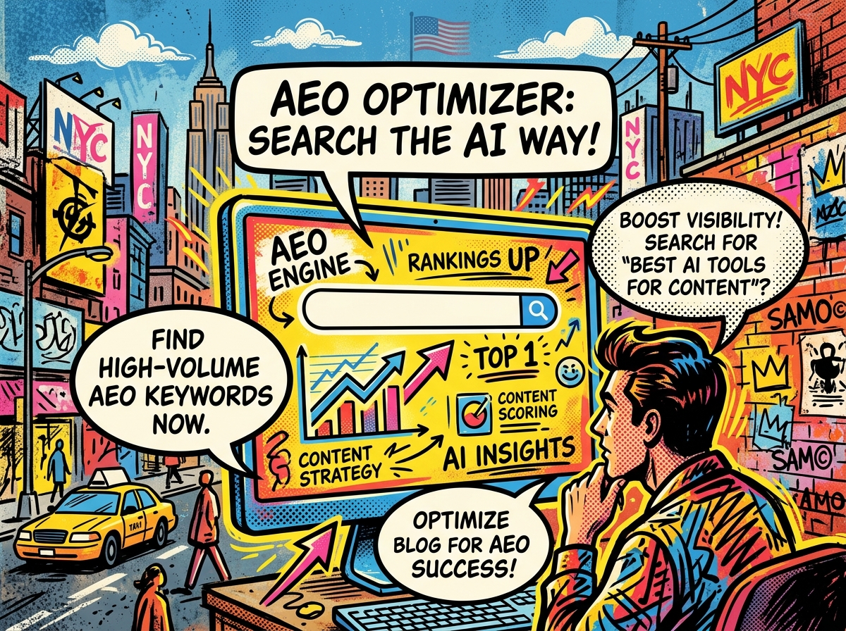 is-answer-engine-optimization-the-future-of-seo-image ‣ RankWriters Comic-style urban ad promoting an AEO optimizer tool; a large computer screen shows rankings, charts, and AI insights with speech bubbles about keywords and blog optimization.