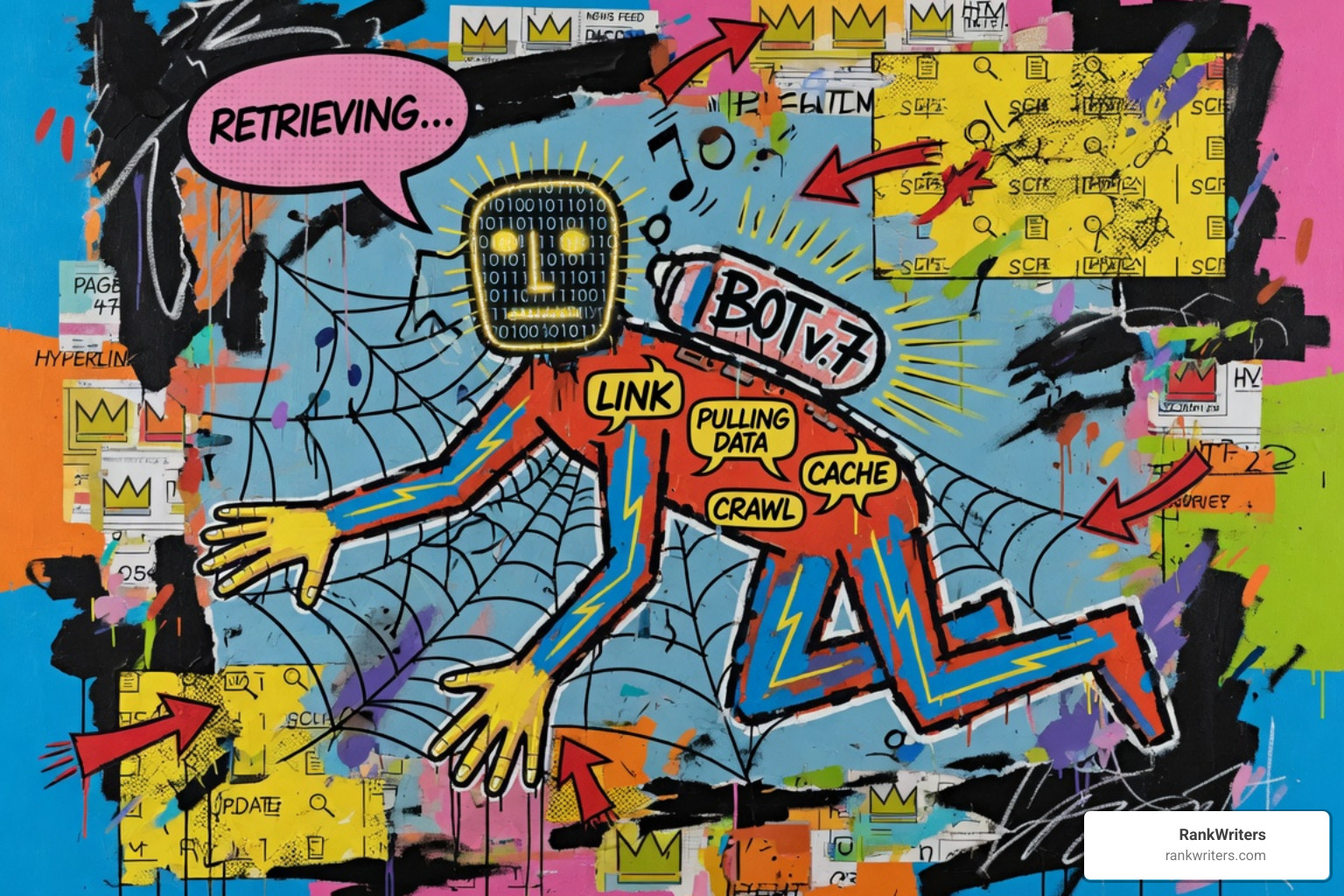 the-ins-and-outs-of-ai-retrieval-agents-image ‣ RankWriters Pop-art mural of a blue spider-like figure with a square computer-head shouting 'RETRIEVING...' and binary code highlights the idea of data retrieval.