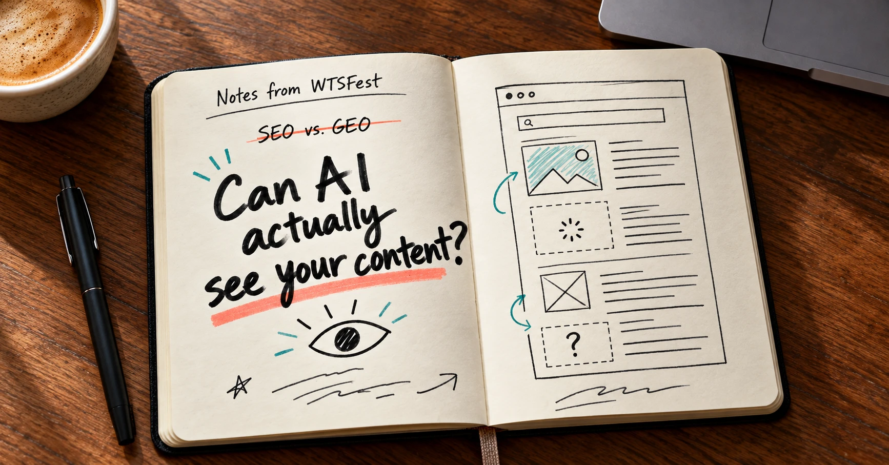 Can AI actually see your content? Notes from WTSFest on SEO vs GEO ‣ RankWriters Open notebook with handwritten notes reading "Can AI actually see your content?" next to a sketch of a search results page, from WTSFest